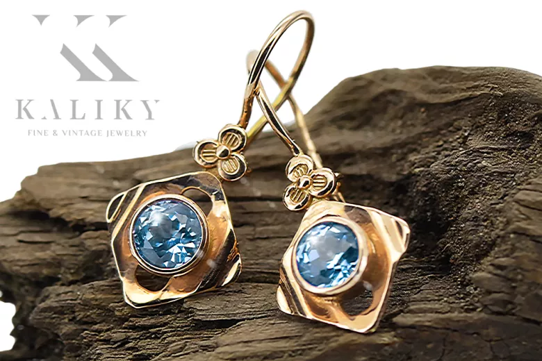 14 كارت من الذهب الأحمر الوردي 14k 583 Aquamarine أقراط vec017r روسي سوفيتي الاتحاد السوفيتي مجوهرات فينتاج آرت ديكو style